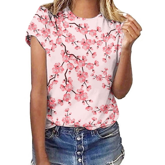 NJGRAE Womens Tops Casual Tube Tops for Women Floral Print Round Neck Short Sleeve T Shirt for Women Spring Summer Casual Top Maternity Nursing T-Shirts Women S