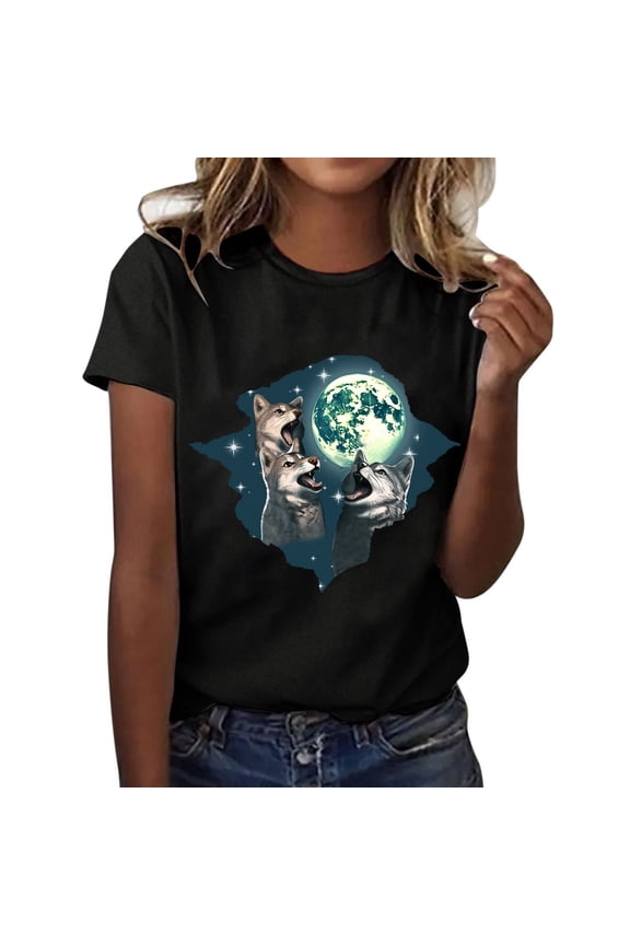 Womens Tops Casual Women T Shirt Wolf Shirts for Men Women Print Wolves Animal Unisex Short Sleeve Tee Color Block Crew Neck Tee L