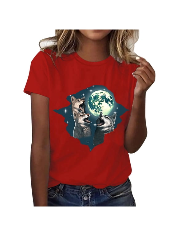 Womens Tops Summer Women T Shirt Wolf Shirts for Men Women Print Wolves Animal Unisex Short Sleeve Tee Women’S Casual Pocket Tees Xxl