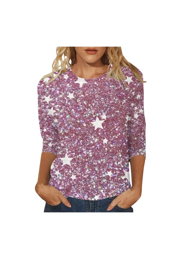 Womens Tops Summer Women's Blouses Women's Casual Crew Neck Carnival Sequin Printed 3/4 Length Sleeve T Shirt Top Maternity Nursing T-Shirts Women L