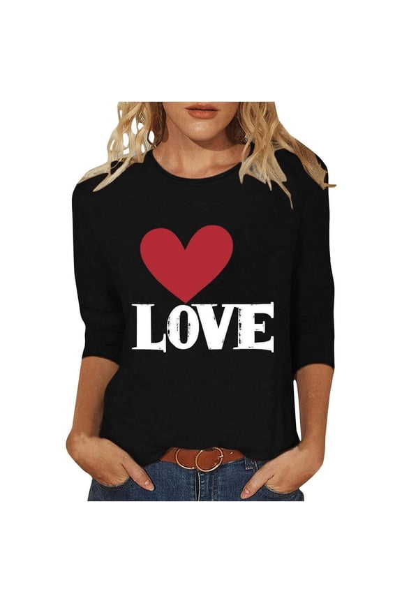 Womens Work Tops Women's T Shirts Women's Fashion Valentine's Day Printed Round Neck Three Quarter Sleeve Casual T Shirt Top Women’S Lightweight T-Shirts Xxl