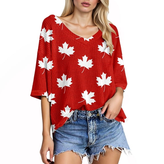 NJGRAE Work Tops for Women Summer Women’S T-Shirts Plus Size Tops for Summer Celebrations Comfortable Round Neck Texture Design for Canada Day and Easy to with Jeans Plus Size Activewear Tops M