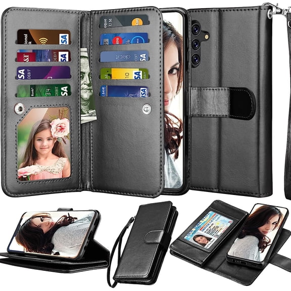NJJEX Wallet Case for Samsung Galaxy A03S A12 A13 A14 A23 A32 A51 A52 A53 A54 5G Case,[9 Card Slots] PU Leather Credit Holder Folio Flip [Detachable] Kickstand Lanyard Magnetic Phone Cover [Black]