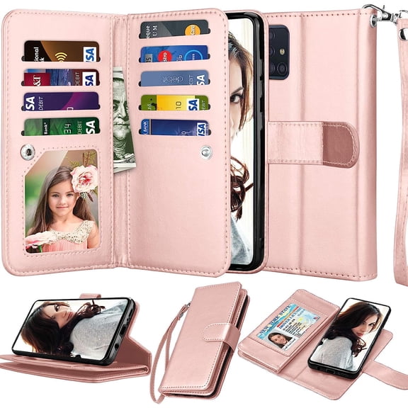 NJJEX Wallet Case for Samsung Galaxy A03S A12 A13 A14 A23 A32 A51 A52 A53 A54 5G Case,[9 Card Slots] PU Leather Credit Holder Folio Flip [Detachable] Kickstand Lanyard Magnetic Phone Cover [Rose Pink]
