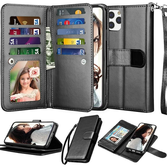 NJJEX Wallet Case for iPhone 11 XI, for iPhone 11 Case (6.1"), [9 Card Slots] PU Leather ID Credit Holder Folio Flip [Detachable] Kickstand Magnetic Phone Cover & Lanyard for iPhone 11 2019 - Black