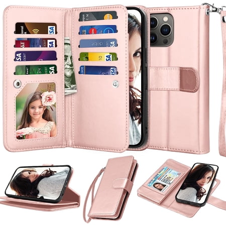 NJJEX Wallet Case for iPhone 14 Plus 6.7" 2022, for iPhone 14 Plus Case, [9 Card Slots] PU Leather ID Credit Holder Folio Flip [Detachable] Kickstand Magnetic Phone Cover & Lanyard [Rose Gold]