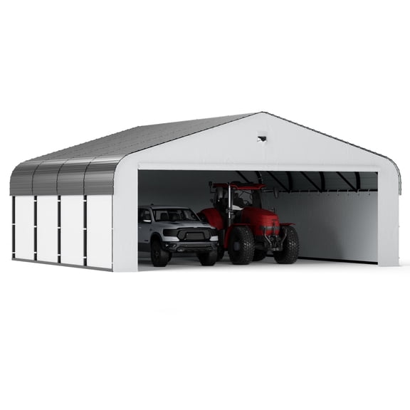 NJNJ 20x20 Ft Heavy-Duty Metal Carport, All-Weather Outdoor Canopy Shelter with Galvanized Roof & Fabric Walls, Solar Light Included, Protects Vehicles/Equipment, 35psf Snow/100mph Wind Rated