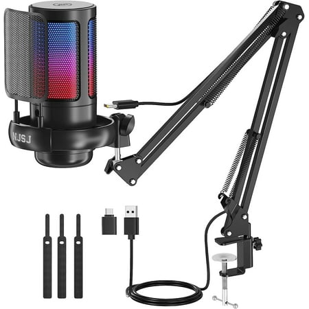 NJSJ USB Gaming Microphone for PC, Condenser Mic with Boom Arm for PS4,PS5 Streaming,Podcasting,YouTube