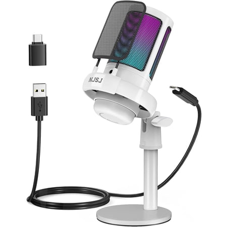 NJSJ USB Gaming Microphone for PC PS4/5 Computer, Condenser Mic for Streaming Podcasting with RGB Lights -White