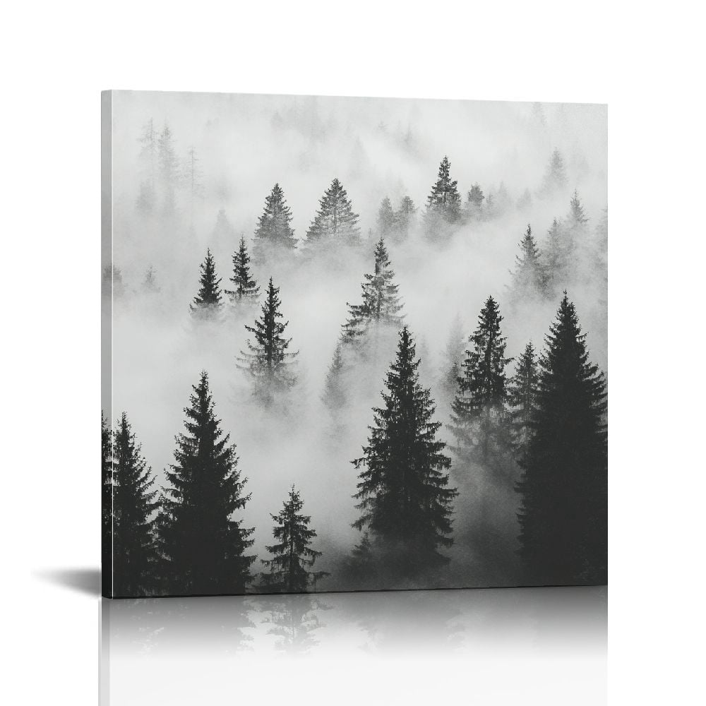 NJSTORE Black and White Foggy Forest Canvas Wall Art - Misty Mountain ...