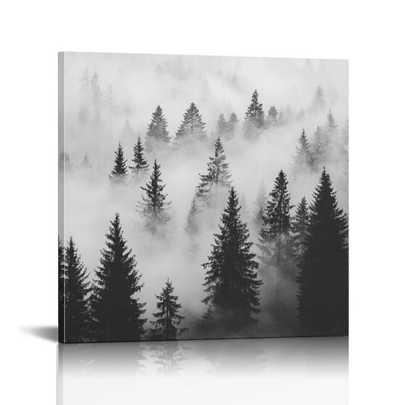 NJSTORE Black and White Foggy Forest Canvas Wall Art - Misty Mountain Pine Tree Landscape, Winter Nature Prints for Living Room, Bedroom, Office Decor (Large)