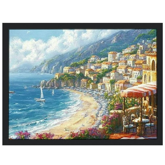 NJSTORE Italy Style Painting Oil Canvas Wall Art: Mediterranean Cityscape Artwork Italian Sea Picture Modern City Street Decoration Landscape Prints for Paris Cafe Room Decor