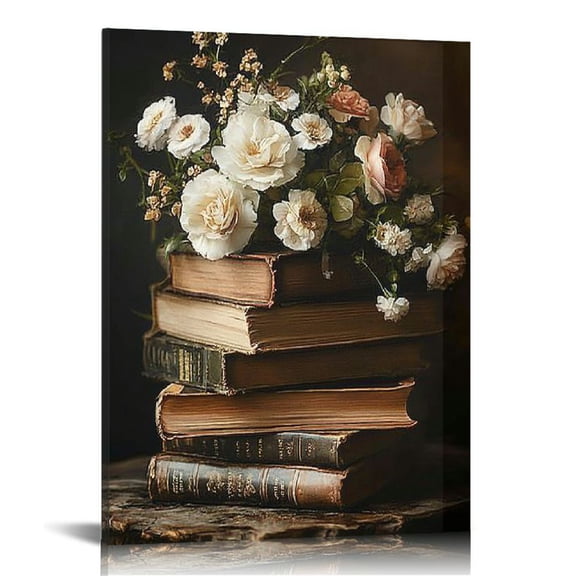 NJSTORE Vintage Floral Wall Art Moody Books Still Life Pictures Rustic Antique Art Oil Painting Prints Dark Academia Decor Posters for Room Aesthetic Bedroom Wall Decor Unframed