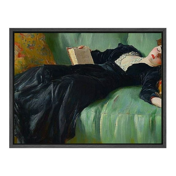 NJSTORE Vintage Moody Wall Art Poster, Roman Casas Young Woman On Green Sofa Canvas Wall Art, Antique Famous Victorian Female Oil Print Painting, Moody Wall Decor Framed