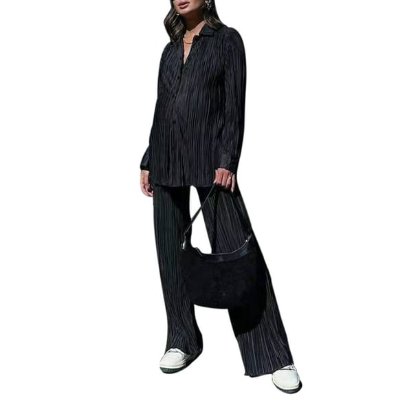 NJWS Pleated 2 Piece Outfits for Women Long Sleeve Oversized Button Down Shirt Wide Leg Pants Sets Casual Loungewear