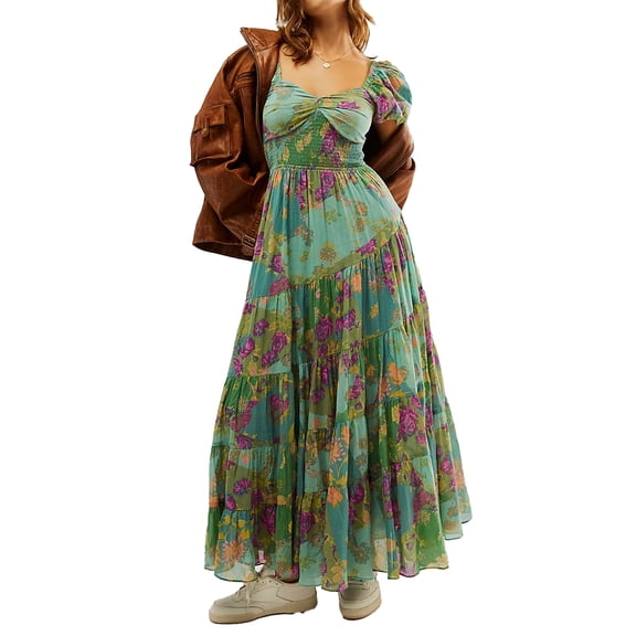 NJWS Women Floral Maxi Dress Short Puff Sleeve V Neck Bohemian Flowy Dress Smocked Casual Spring Summer Dresses