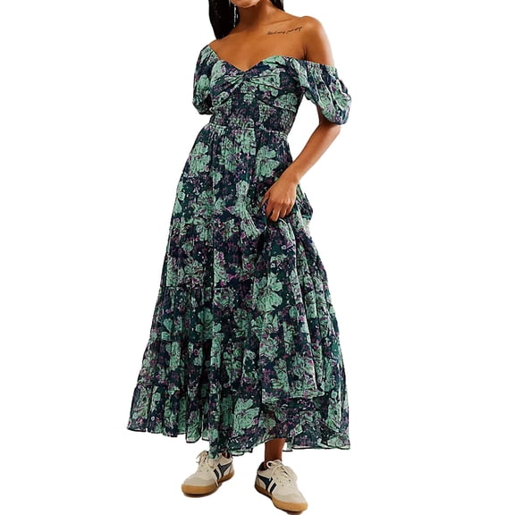 NJWS Women Floral Maxi Dress Short Puff Sleeve V Neck Bohemian Flowy Dress Smocked Casual Spring Summer Dresses