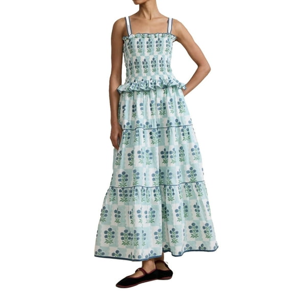 NJWS Women Floral Maxi Dress Sleeveless Smocked Ruffle Flowy Boho Sundress with Pockets Summer Vacation
