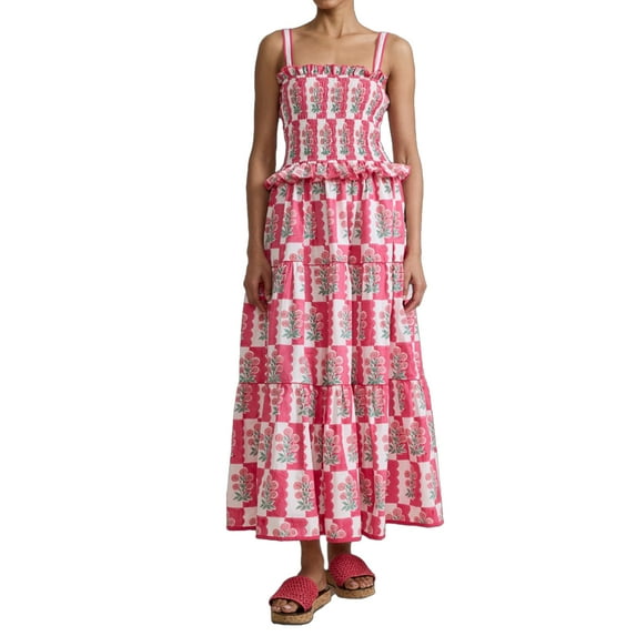 NJWS Women Floral Maxi Dress Sleeveless Smocked Ruffle Flowy Boho Sundress with Pockets Summer Vacation