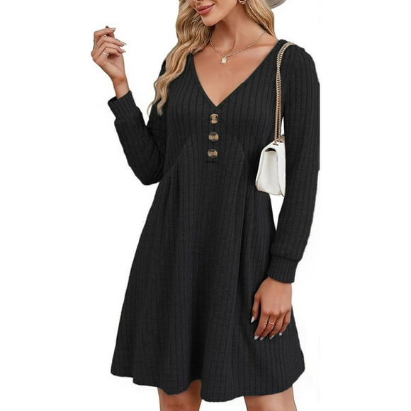 Women Long Sleeve V Neck Sweater Dress Knee Length A Line Ribbed Button Dresses Winter Fall Casual Wedding Guest Dress