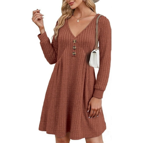 NJWS Women Long Sleeve V Neck Sweater Dress Knee Length A Line Ribbed Button Dresses Winter Fall Casual Wedding Guest Dress