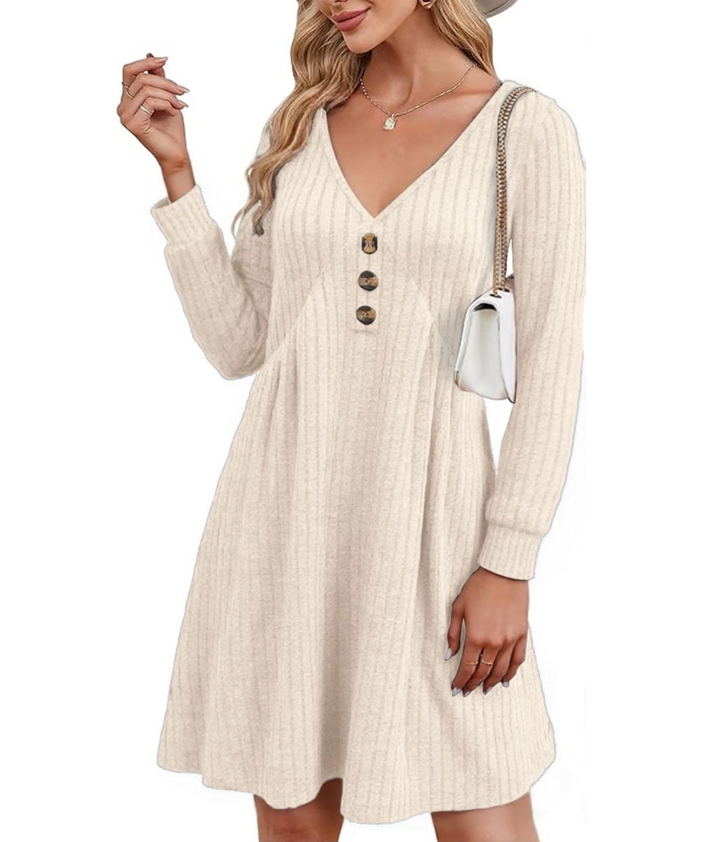 NJWS Women Long Sleeve V Neck Sweater Dress Knee Angola