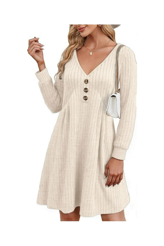 Women Long Sleeve V Neck Sweater Dress Knee Length A Line Ribbed Button Dresses Winter Fall Casual Wedding Guest Dress