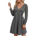 thumbnail image 1 of NJWS Women Long Sleeve V Neck Sweater Dress Knee Length A Line Ribbed Button Dresses Winter Fall Casual Wedding Guest Dress, 1 of 5