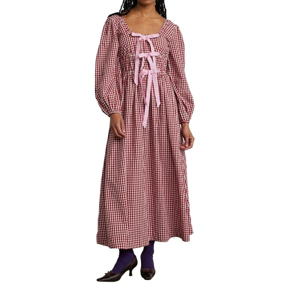 NJWS Women Plaid Maxi Dress Long Puff Sleeve Square Neck Flowy Boho Dress Bow Tie Smocked Fall Dresses