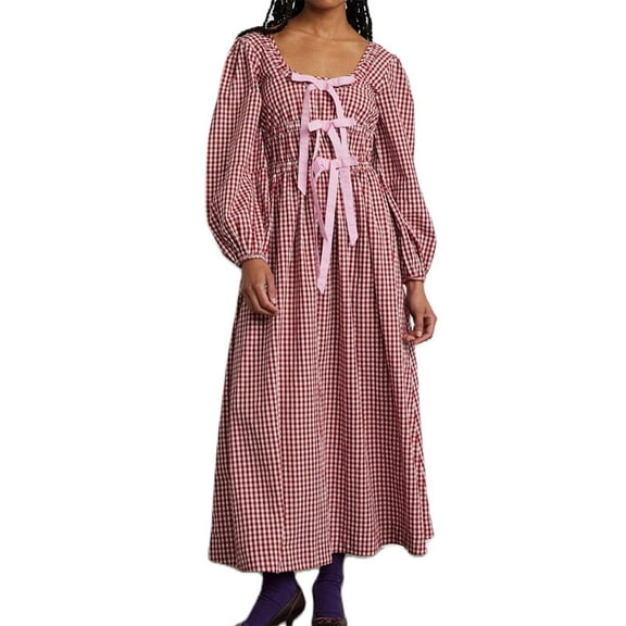 NJWS Women Plaid Maxi Dress Long Puff Sleeve Square Neck Flowy Boho Dress Bow Tie Smocked Fall Dresses
