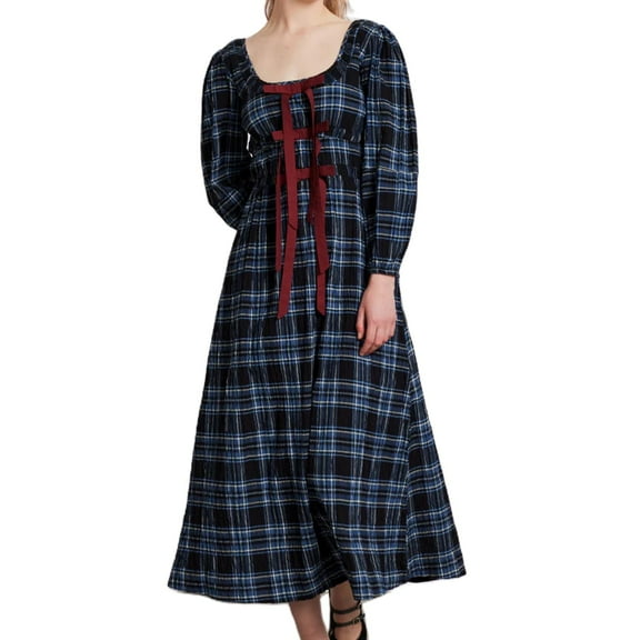 NJWS Women Plaid Maxi Dress Long Puff Sleeve Square Neck Flowy Boho Dress Bow Tie Smocked Fall Dresses