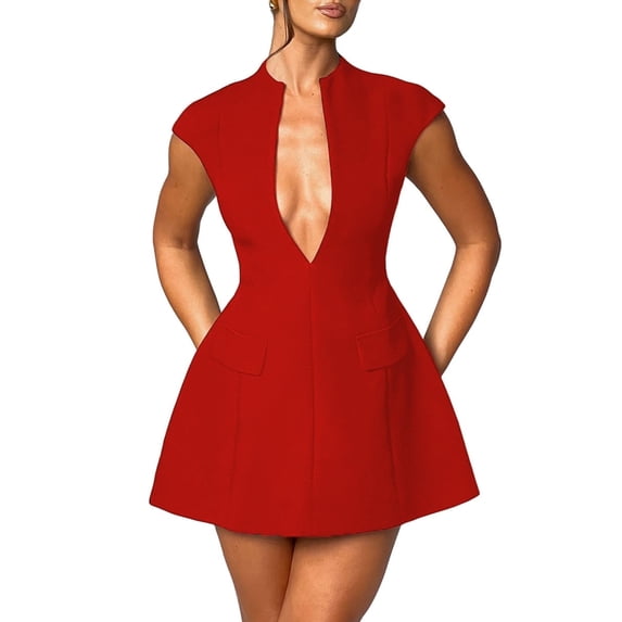 NJWS Women Sexy Mini Dress Deep V Neck Cap Sleeve A Line Dress Short Formal Dresses Party Club