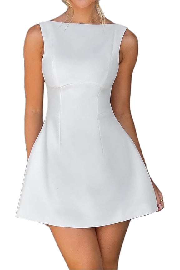 Women Sleeveless Mini Dress Summer Mock Neck Backless Slim A Line Dress Party Cocktail Bodycon Short Dresses