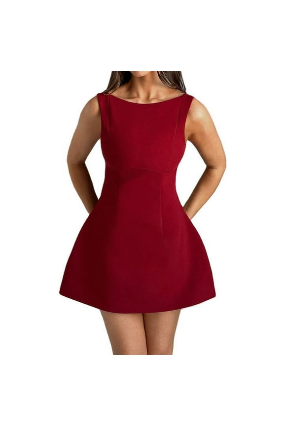 Women Sleeveless Mini Dress Summer Mock Neck Backless Slim A Line Dress Party Cocktail Bodycon Short Dresses