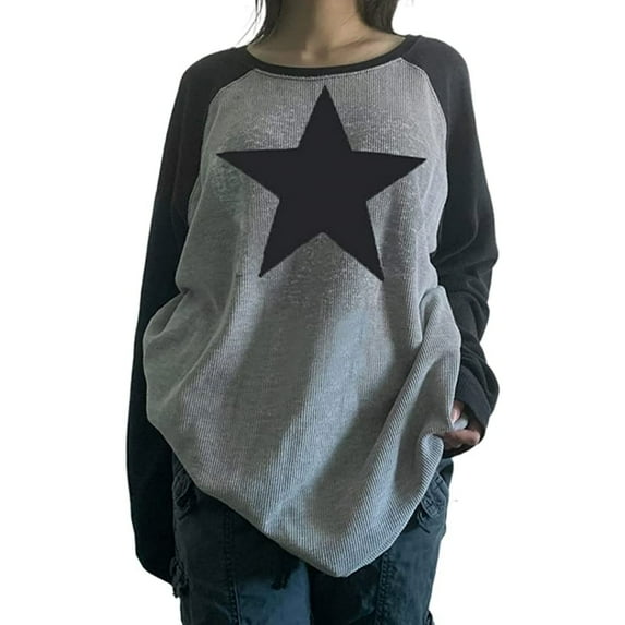 NJWS Women Star Shirt Y2k Tops Vintage Aesthetic Patchwork Long Sleeve Tee Shirts 90s Grunge Clothes