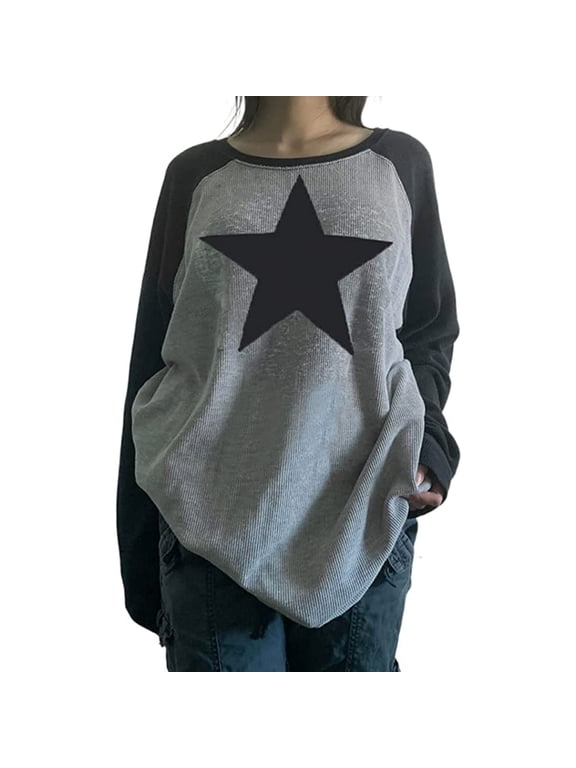 Women Star Shirt Y2k Tops Vintage Aesthetic Patchwork Long Sleeve Tee Shirts 90s Grunge Clothes