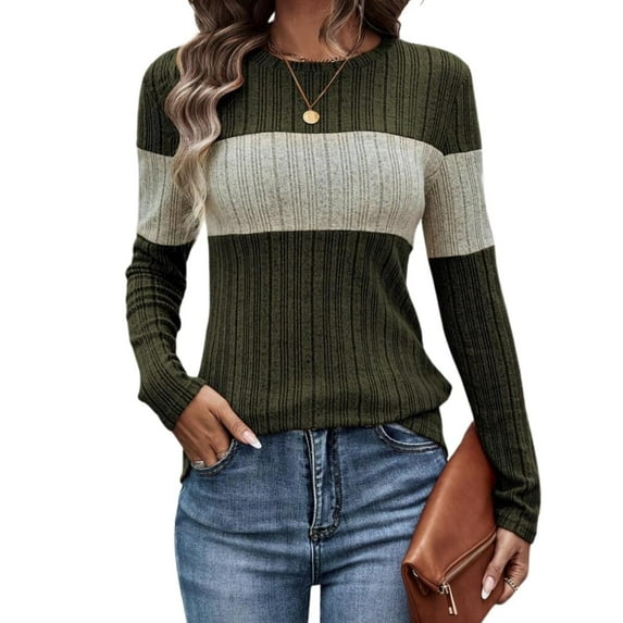 NJWS Women Striped Color Block Knit Sweater Long Sleeve Crew Neck Slim Fit Pullover Top Lightweight Casual Wear for Fall Winter