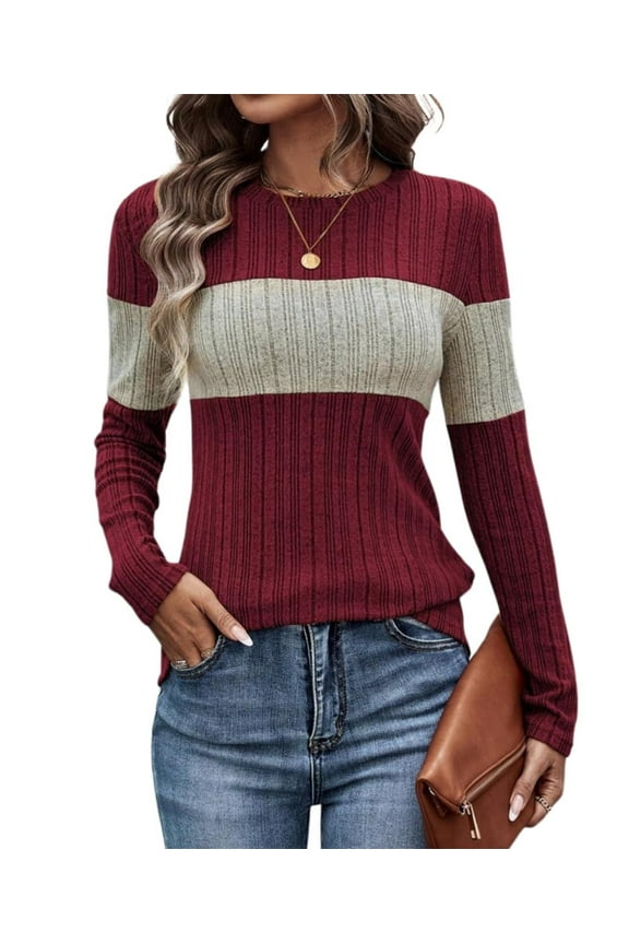 Women Striped Color Block Knit Sweater Long Sleeve Crew Neck Slim Fit Pullover Top Lightweight Casual Wear for Fall Winter