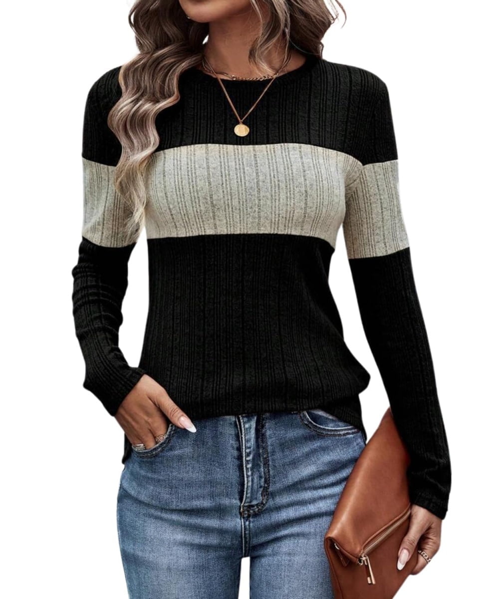New Knitted Striped Long Sleeved Sweater Versatile Pullover Tops Womens Clothing main image 1