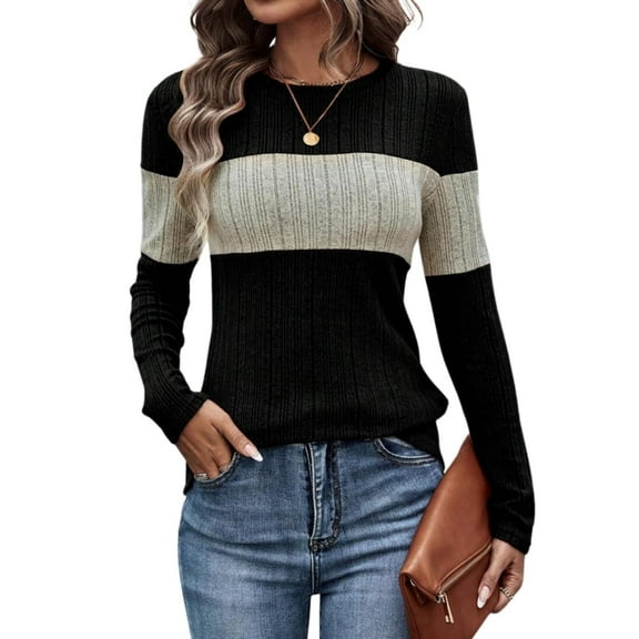 NJWS Women Striped Color Block Knit Sweater Long Sleeve Crew Neck Slim Fit Pullover Top Lightweight Casual Wear for Fall Winter