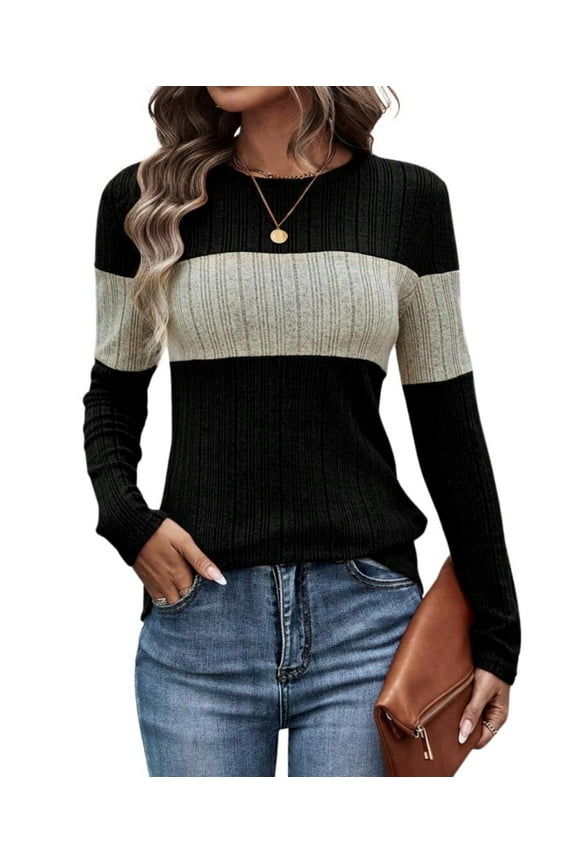 Women Striped Color Block Knit Sweater Long Sleeve Crew Neck Slim Fit Pullover Top Lightweight Casual Wear for Fall Winter