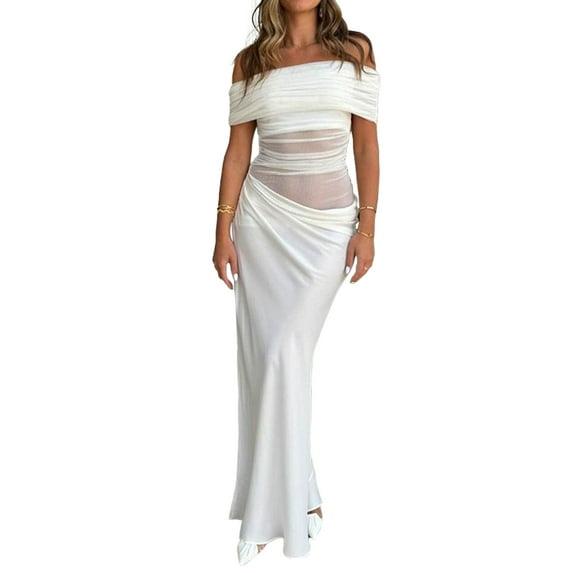 NJWS Women Y2k Maxi Dress Off Shoulder Ruched Sheer Mesh Long Dress Cut Out Skirt