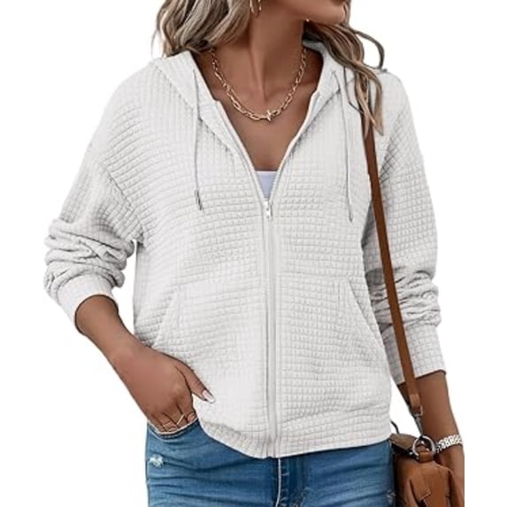 NJWS Womens Zip Up Hoodie Oversized Sweatshirt Drawstring Waffle Hooded Jackets Casual Daily Outfits With Pockets