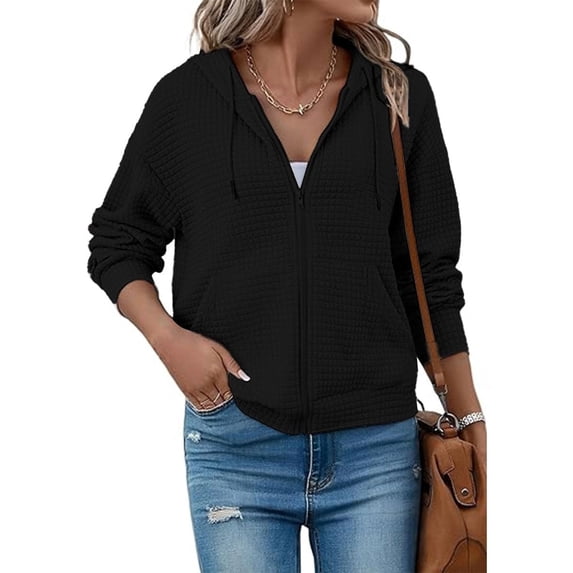 NJWS Womens Zip Up Hoodie Oversized Sweatshirt Drawstring Waffle Hooded Jackets Casual Daily Outfits With Pockets