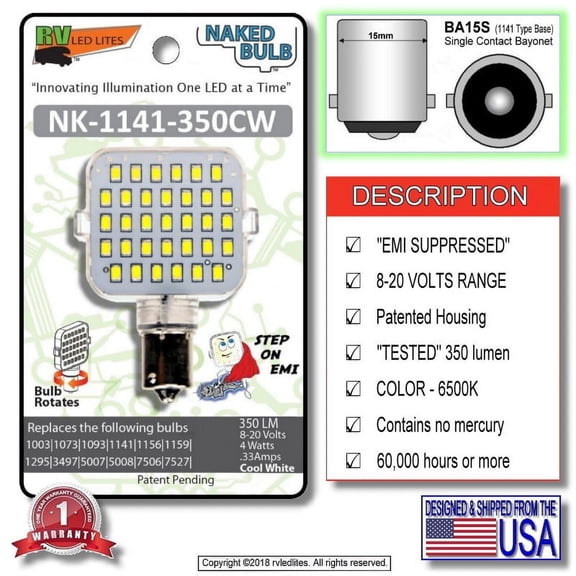 NK-1141-350CW, (NAKED BULB) LED Replacement EMI Suppressed Vented Bulb, BA15s - i.e. (1141 Type) , 350 Lumen 8-20 Volts Cool White (8 PACK)