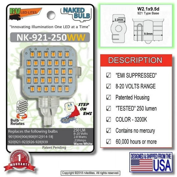 NK-921-250WW (NAKED BULB) LED Replacement EMI Suppressed Vented Bulb, Wedge T5 Base - i.e. (921 Type), 250 Lumen 8-20Volts Warm White
