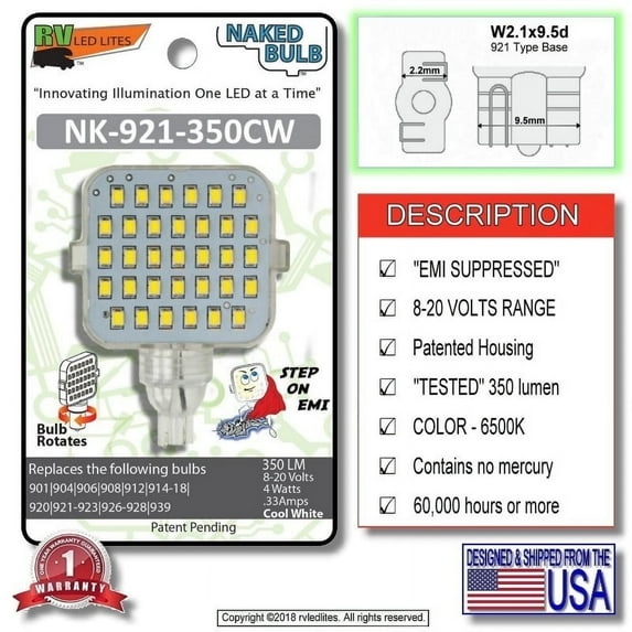 NK-921-350CW, (NAKED BULB) LED Replacement EMI Suppressed Vented Bulb, Wedge T5 Base – i.e. (921 Type), 350 Lumen 8-20 Volts Cool White