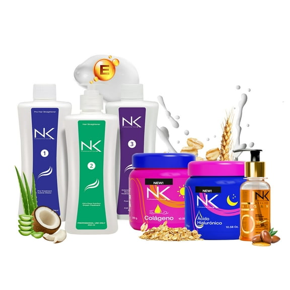 NK Complete Hair Straightening Treatment, Kit Steps 1,2,3,4,5. Hair Surgery with keratin, post-treatment, shampoo Step 3 , Hair Mask Collagen & hyaluronic acid and Styling Argan Oil.