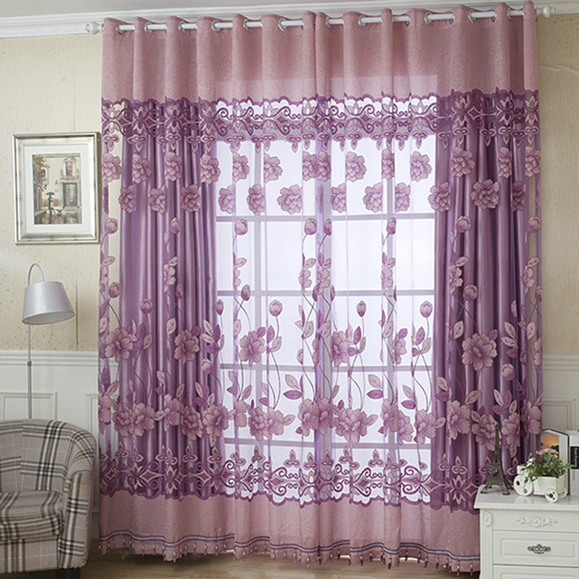 NK Home Luxury Floral Tulle Door Window Curtain With Beads Drape Panel