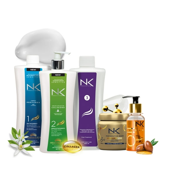 NK Keratin Hair Treatment & Styling Argan Oil Set 5-Step Formaldehyde-Free Straightening Kit + Moroccan Argan Oil Serum Smooth, Repair, Shine For All Hair Types (15oz)